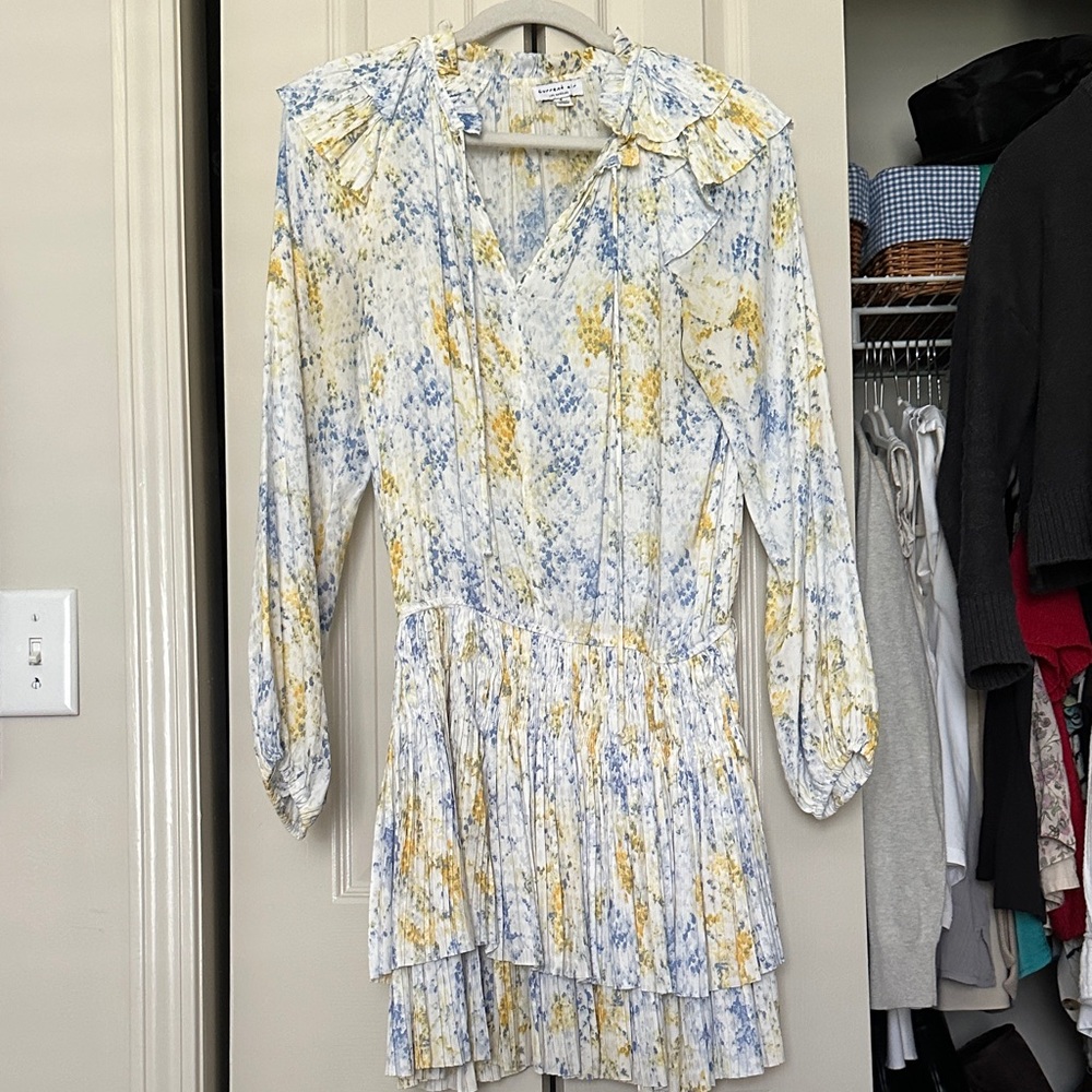 Current Air White Floral Tiered Long-Sleeve Dress with Blue and Yellow Print